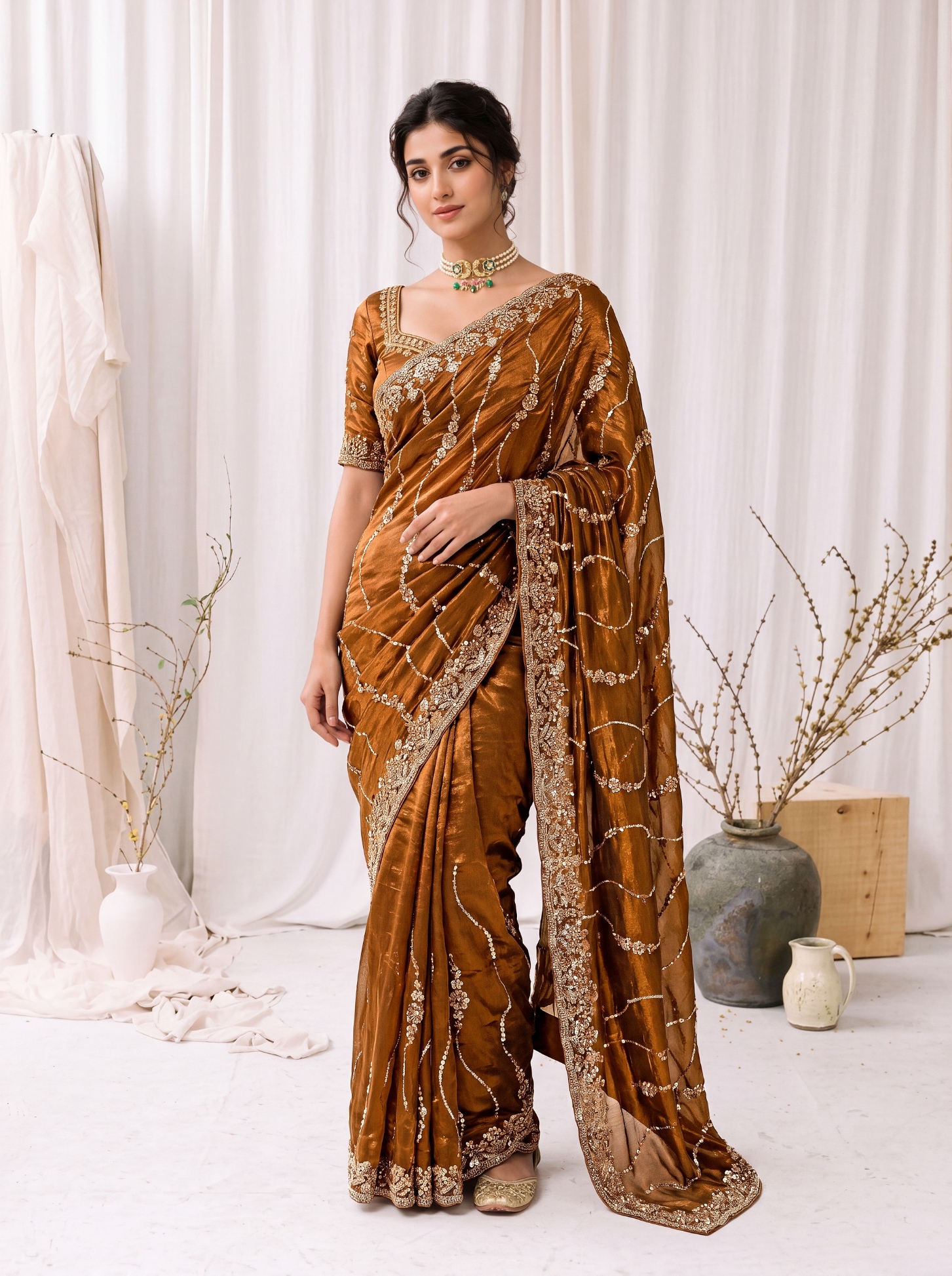 Antique Gold Floral Sequin Embroidered Space Silk Saree