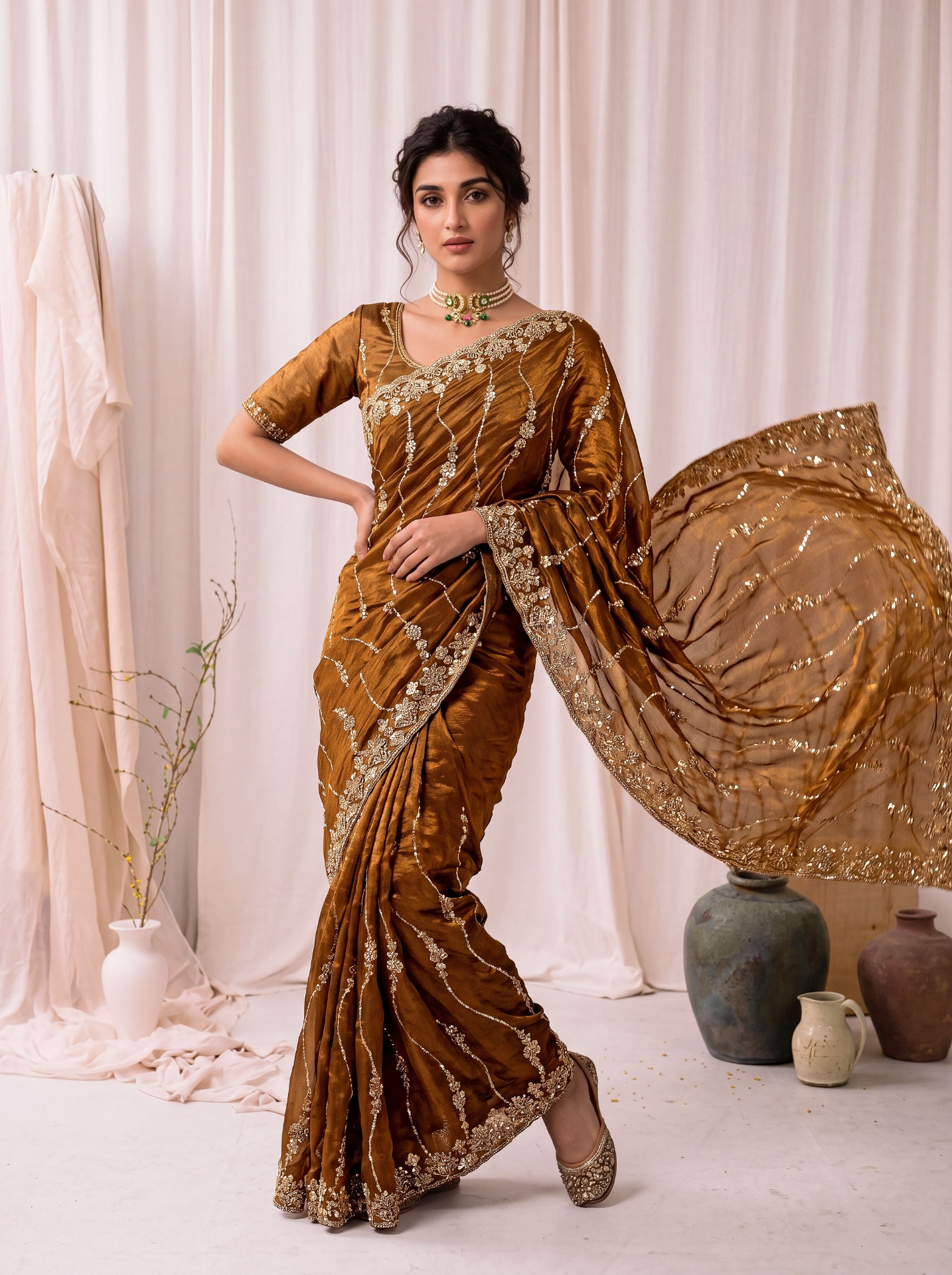 Antique Gold Floral Sequin Embroidered Space Silk Saree — alternate view