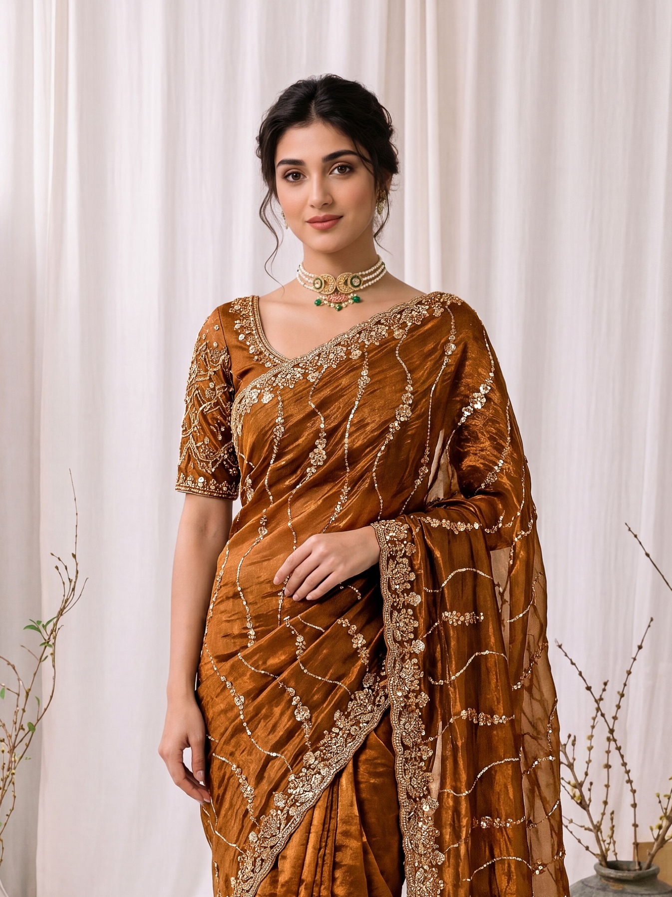Antique Gold Floral Sequin Embroidered Space Silk Saree