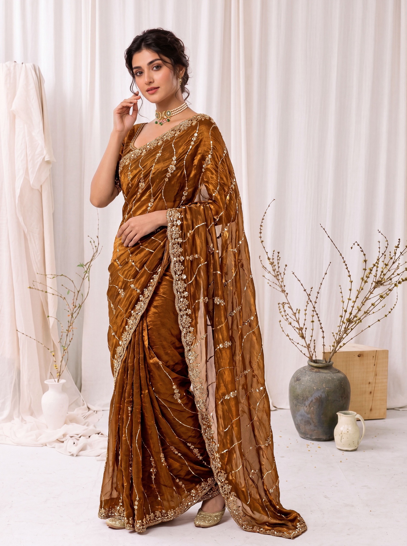 Antique Gold Floral Sequin Embroidered Space Silk Saree