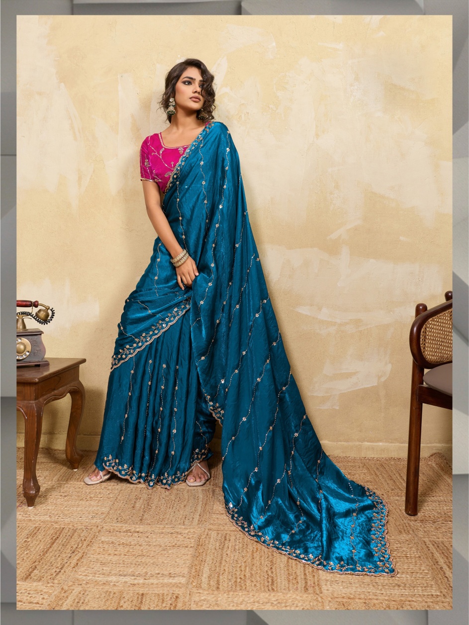 Aqua Blue Botanical Zari Metallic Velvet Satin Saree