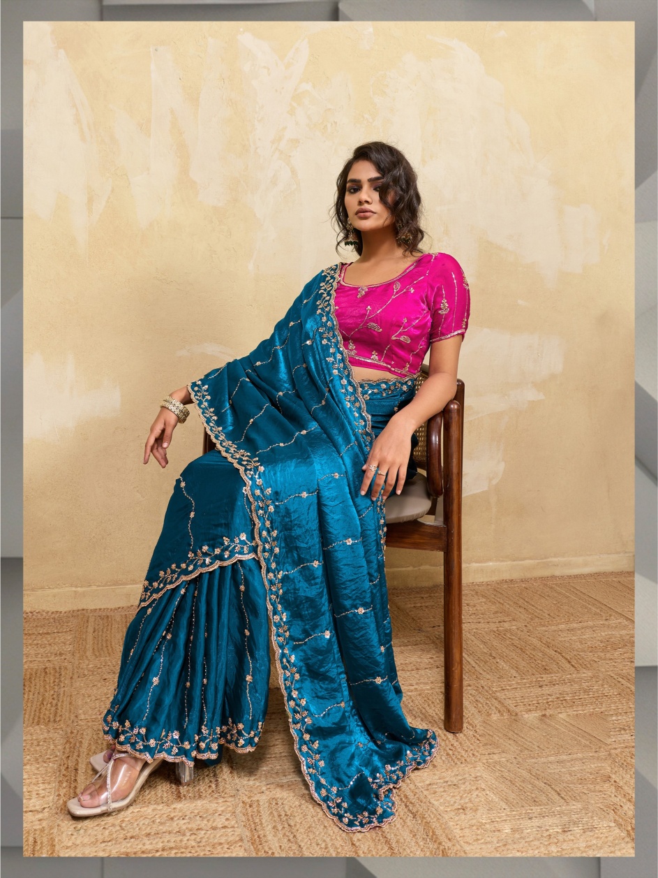 Aqua Blue Botanical Zari Metallic Velvet Satin Saree — alternate view