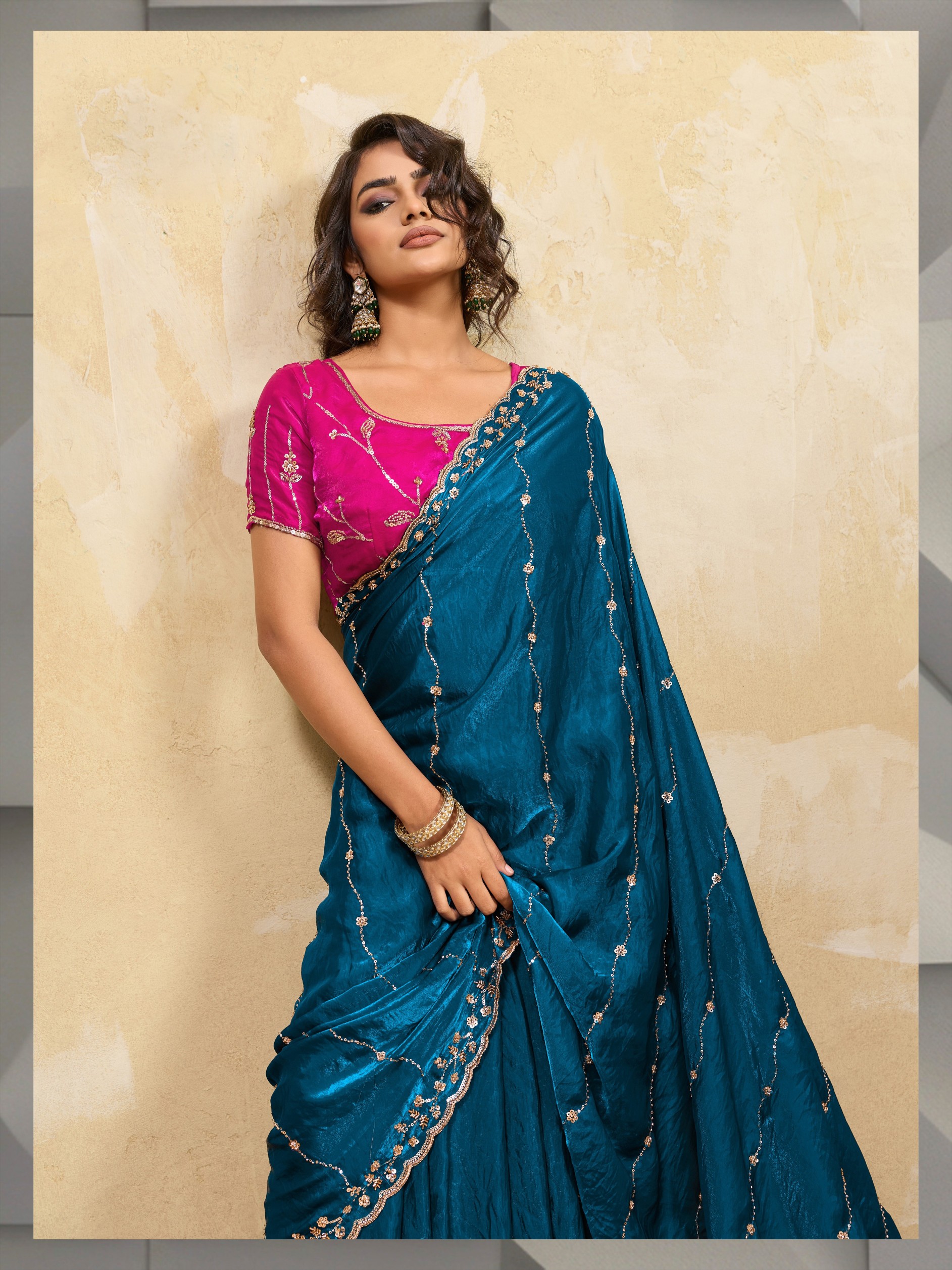 Aqua Blue Botanical Zari Metallic Velvet Satin Saree