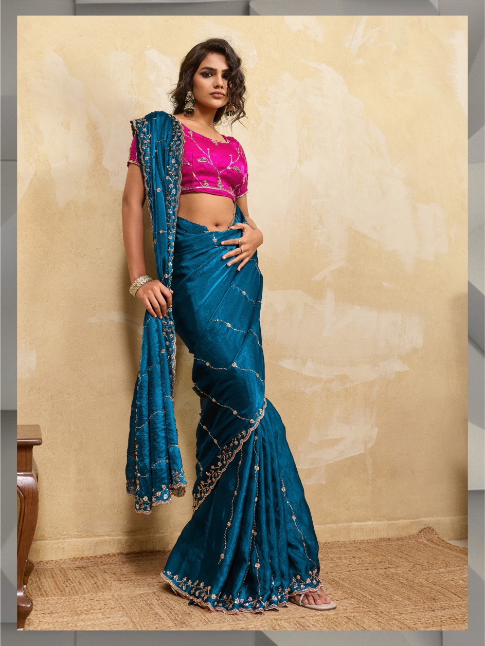 Aqua Blue Botanical Zari Metallic Velvet Satin Saree