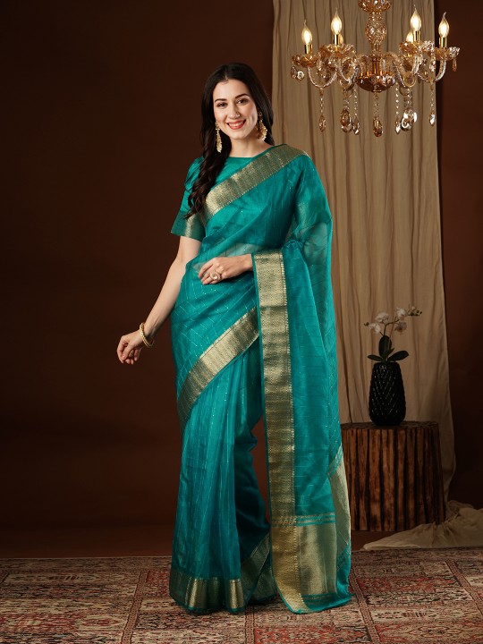 Aqua Blue Designer Organza Saree