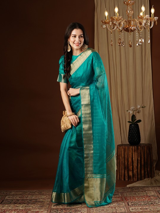 Aqua Blue Designer Organza Saree