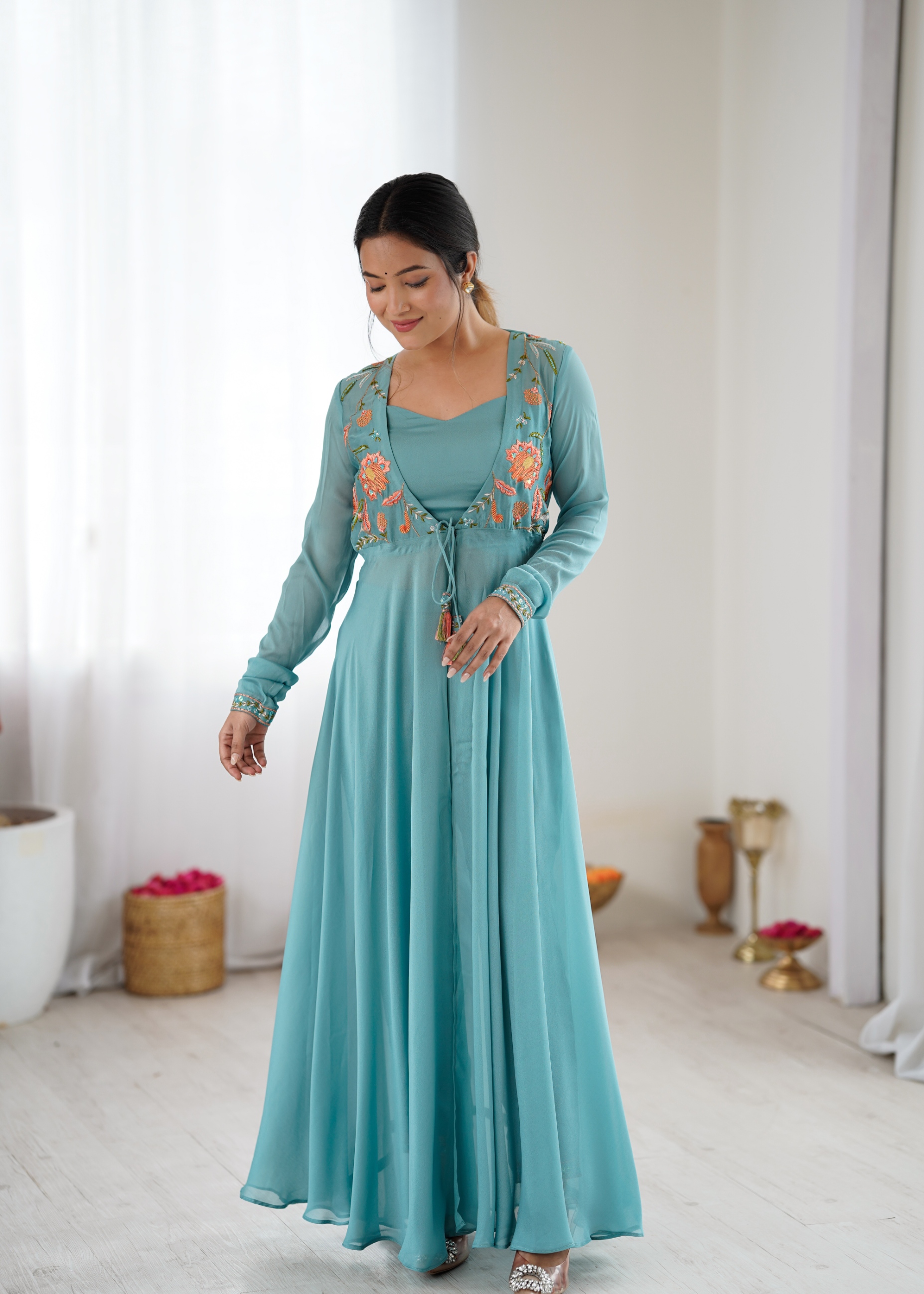 Aqua Blue Embroidered Layered Anarkali Co-ord-sets
