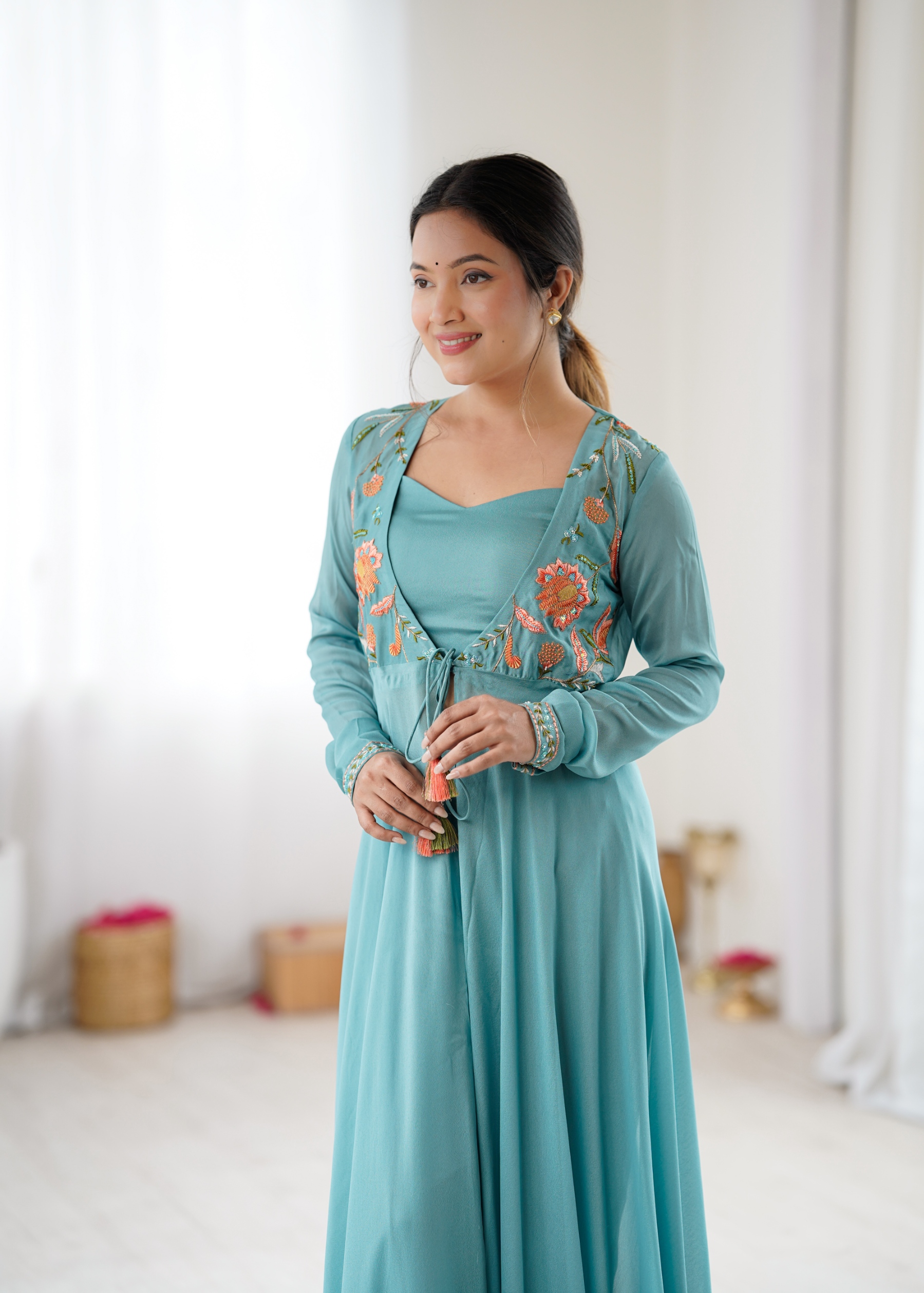 Aqua Blue Embroidered Layered Anarkali Co-ord-sets