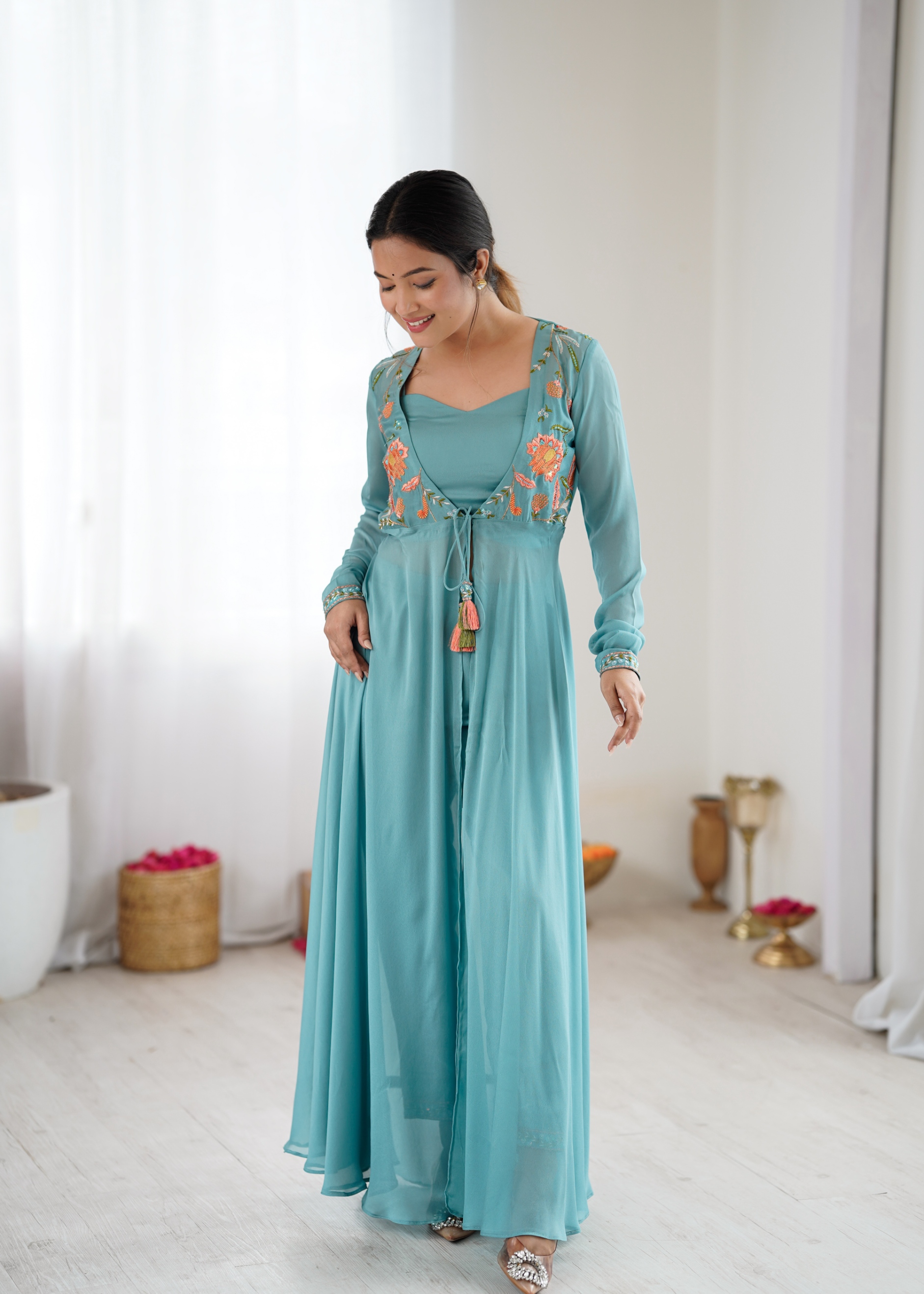 Aqua Blue Embroidered Layered Anarkali Co-ord-sets