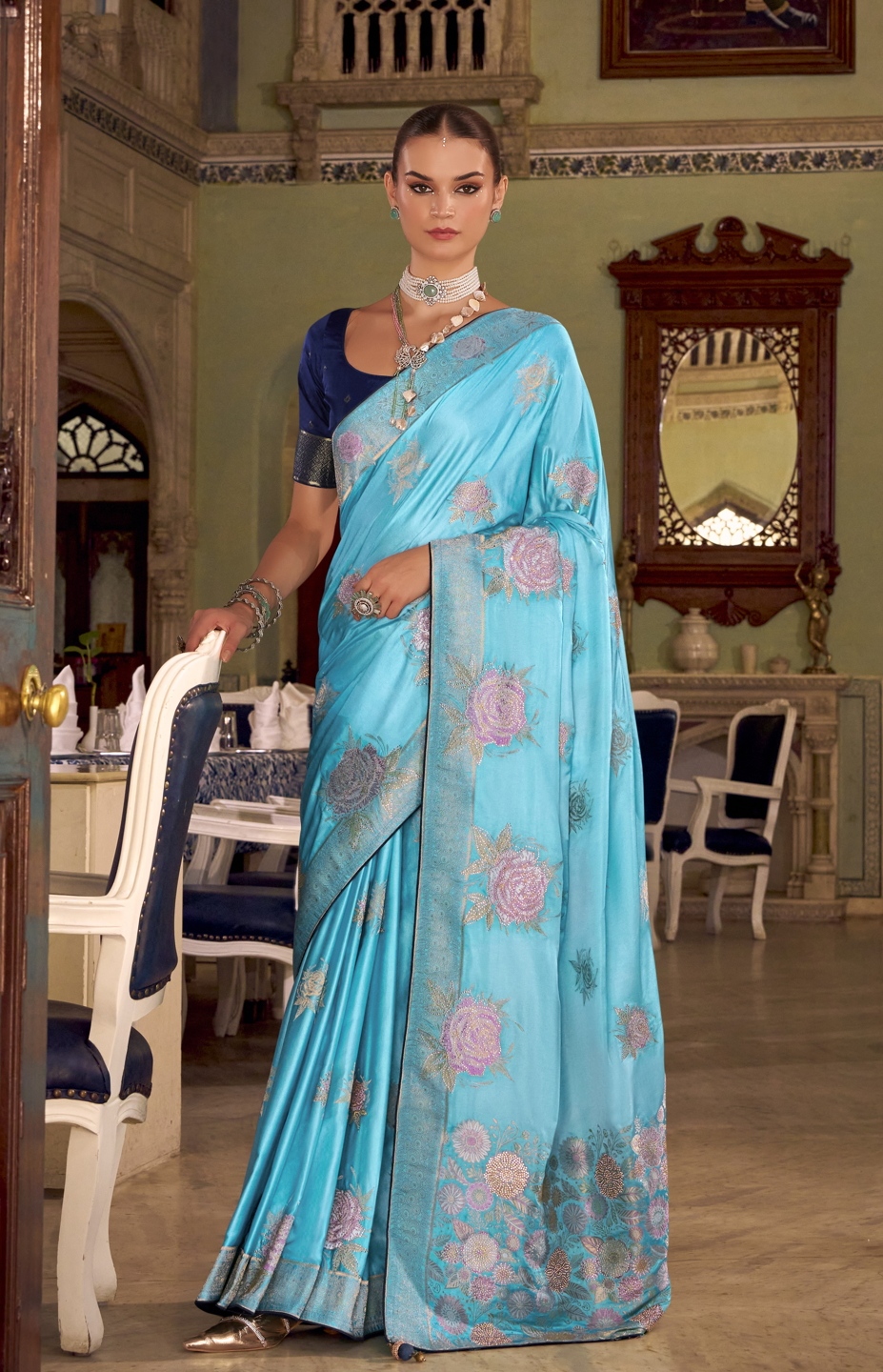 Aqua Blue Floral Jacquard Satin Silk Saree