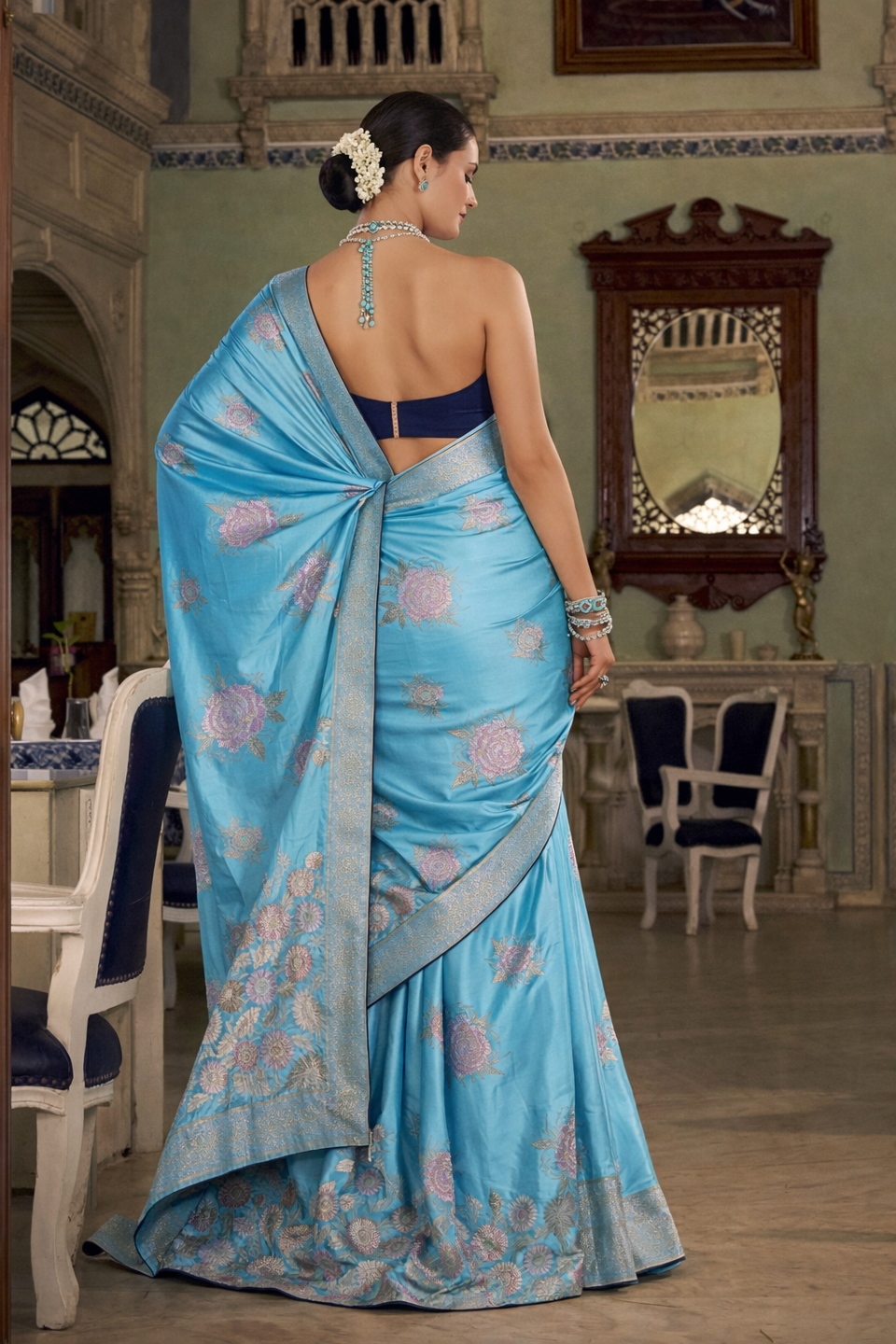 Aqua Blue Floral Jacquard Satin Silk Saree — alternate view