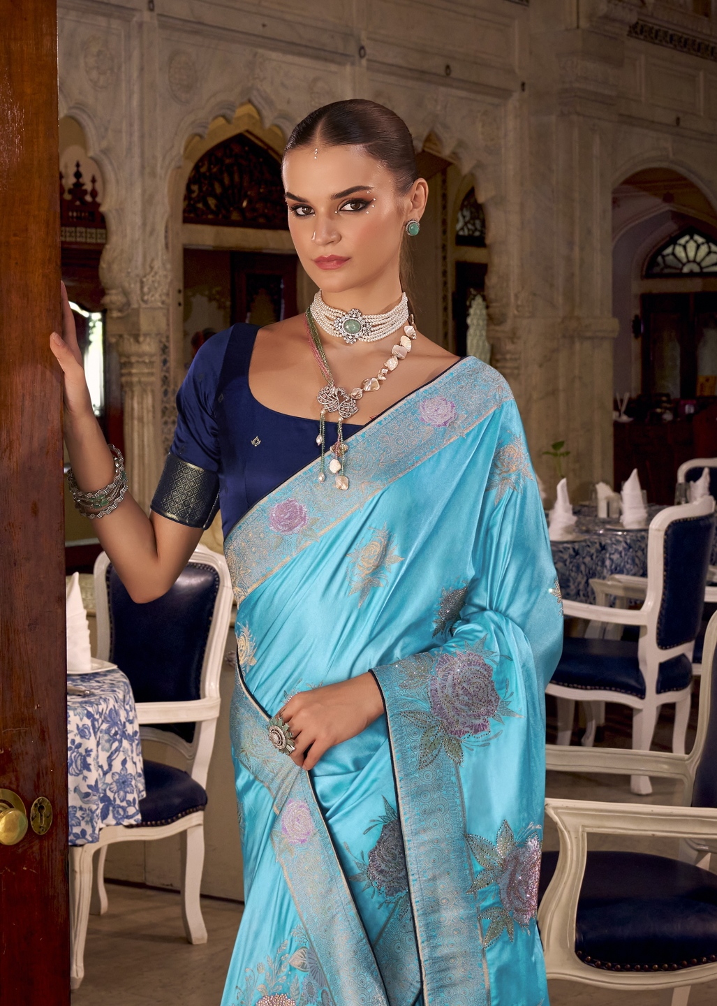 Aqua Blue Floral Jacquard Satin Silk Saree