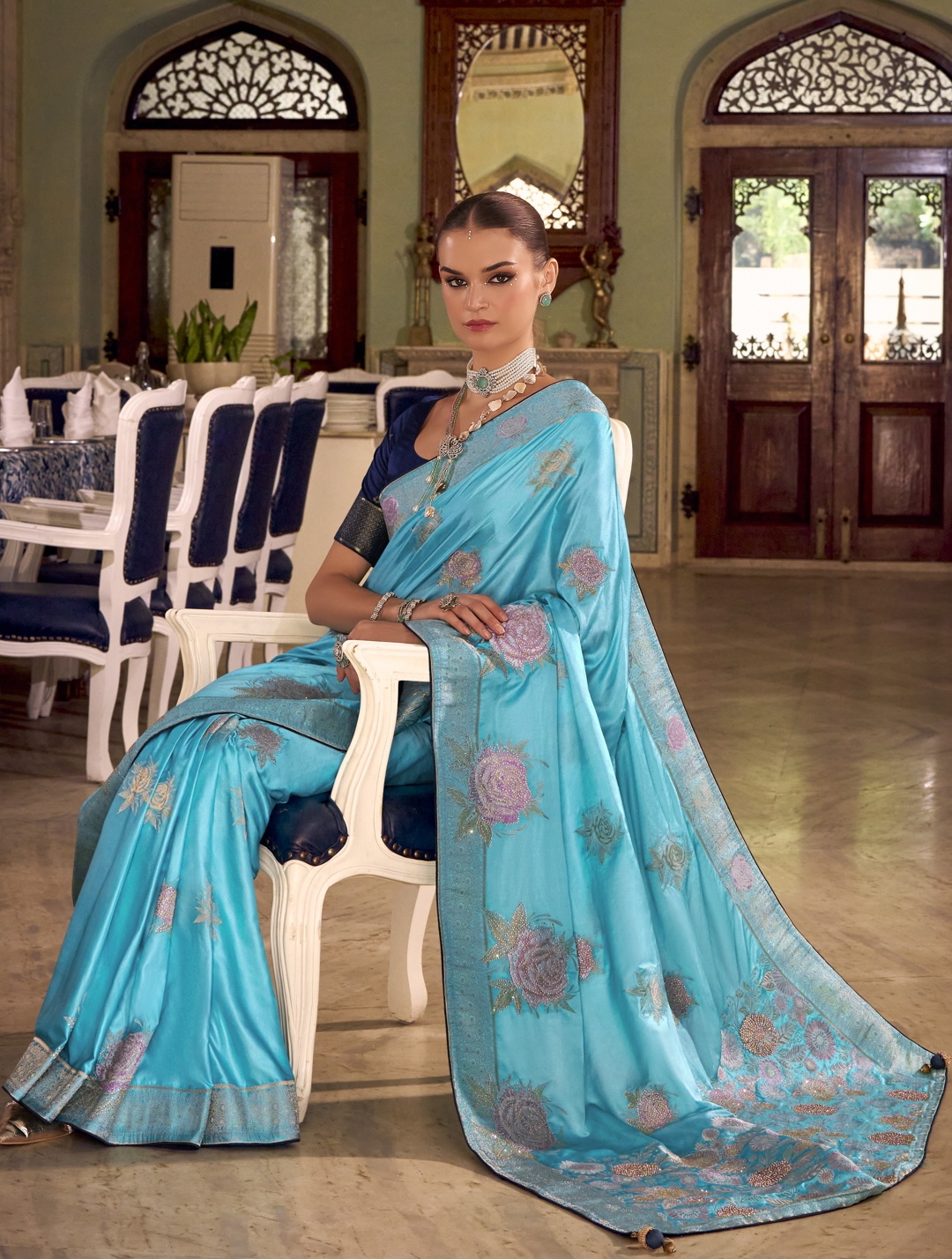 Aqua Blue Floral Jacquard Satin Silk Saree
