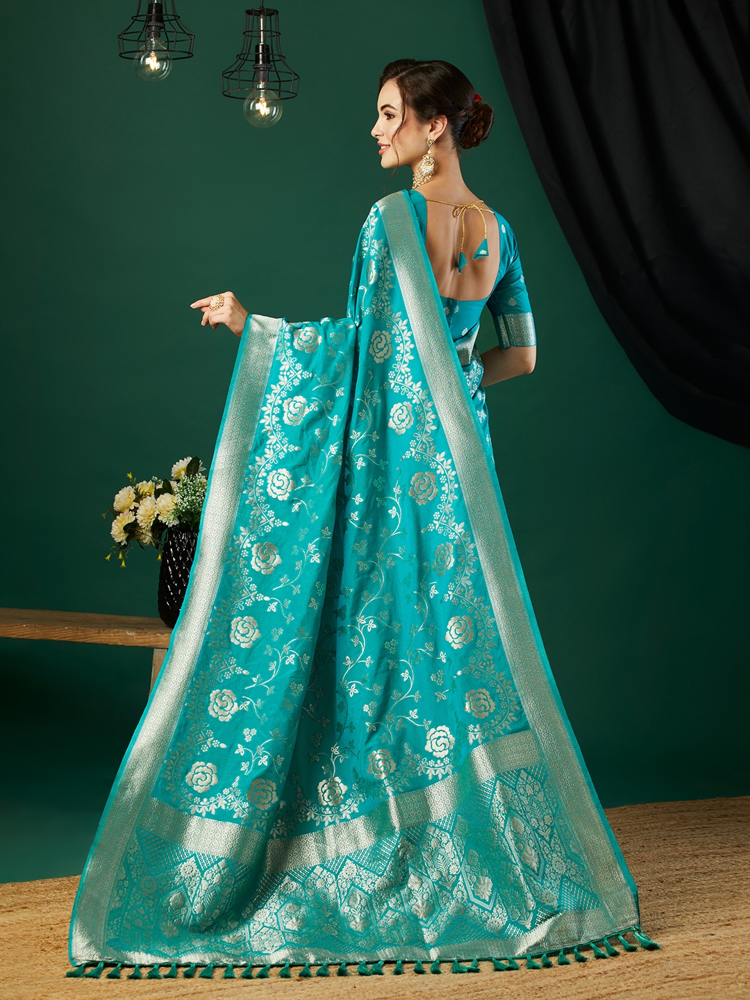 Aqua Blue Floral Jari Weaving Crepe Silk Saree — alternate view