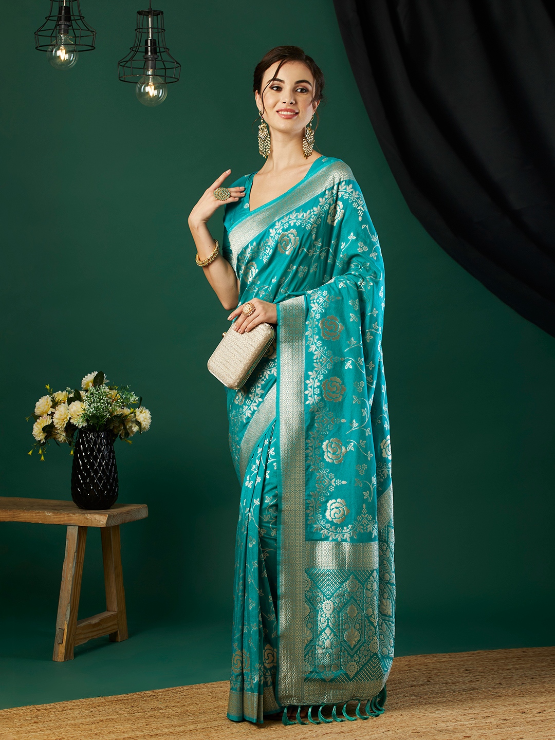 Aqua Blue Floral Jari Weaving Crepe Silk Saree