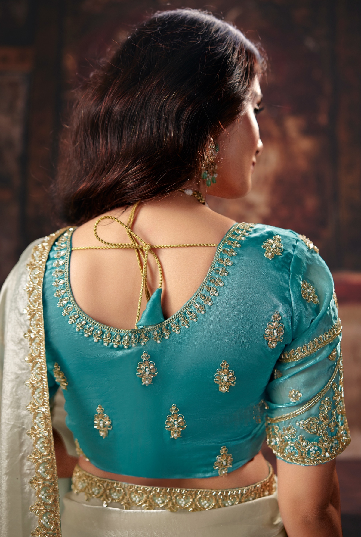 Aqua Blue Hand Work Fendy Satin Saree — alternate view