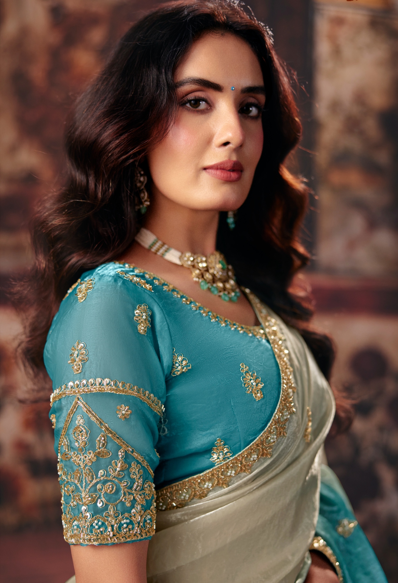 Aqua Blue Hand Work Fendy Satin Saree