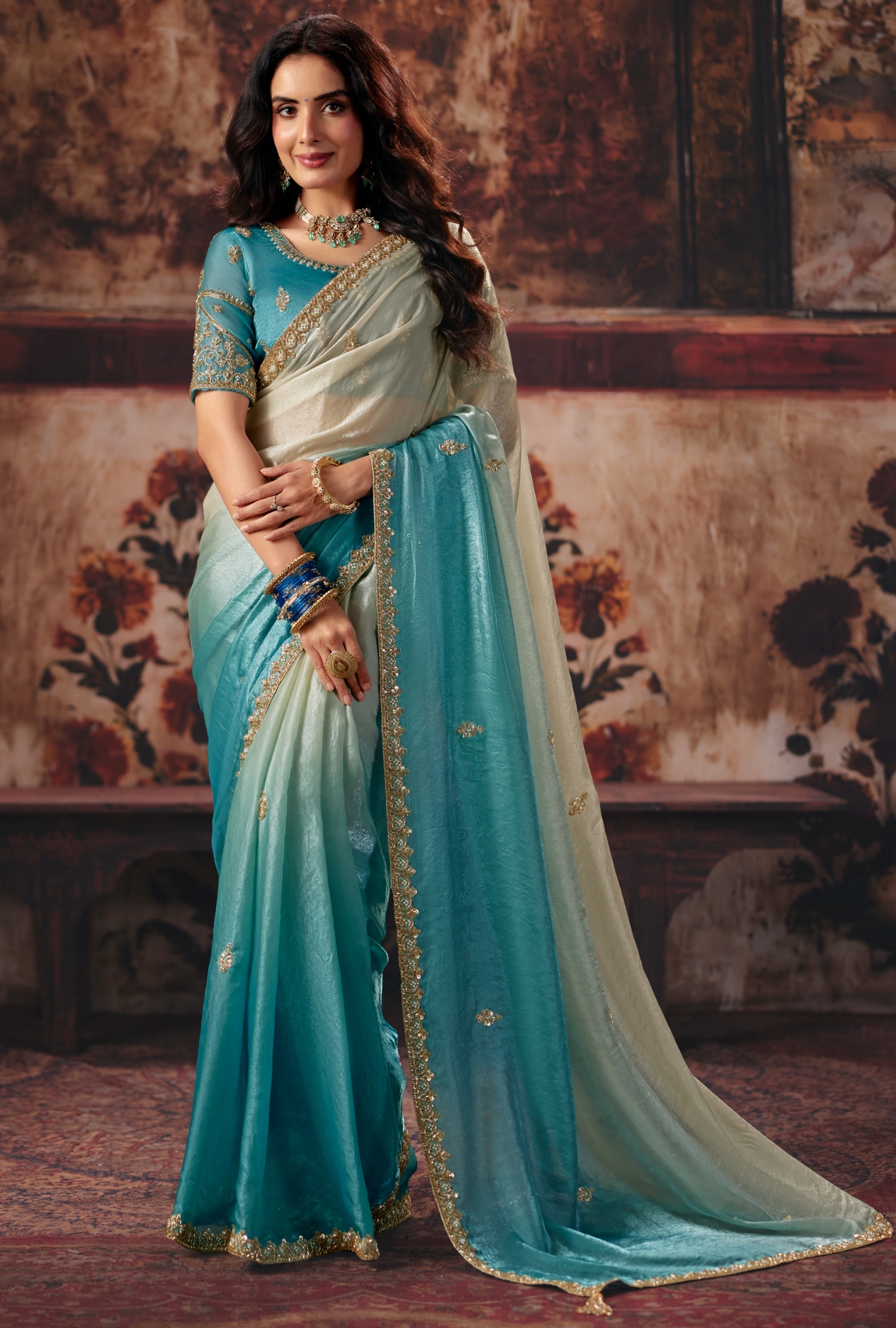 Aqua Blue Hand Work Fendy Satin Saree