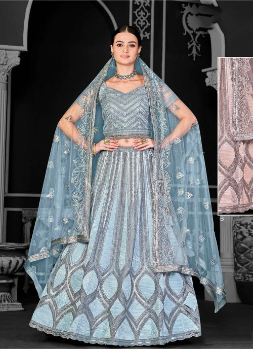 Aqua Blue Net Party Wear Lehenga