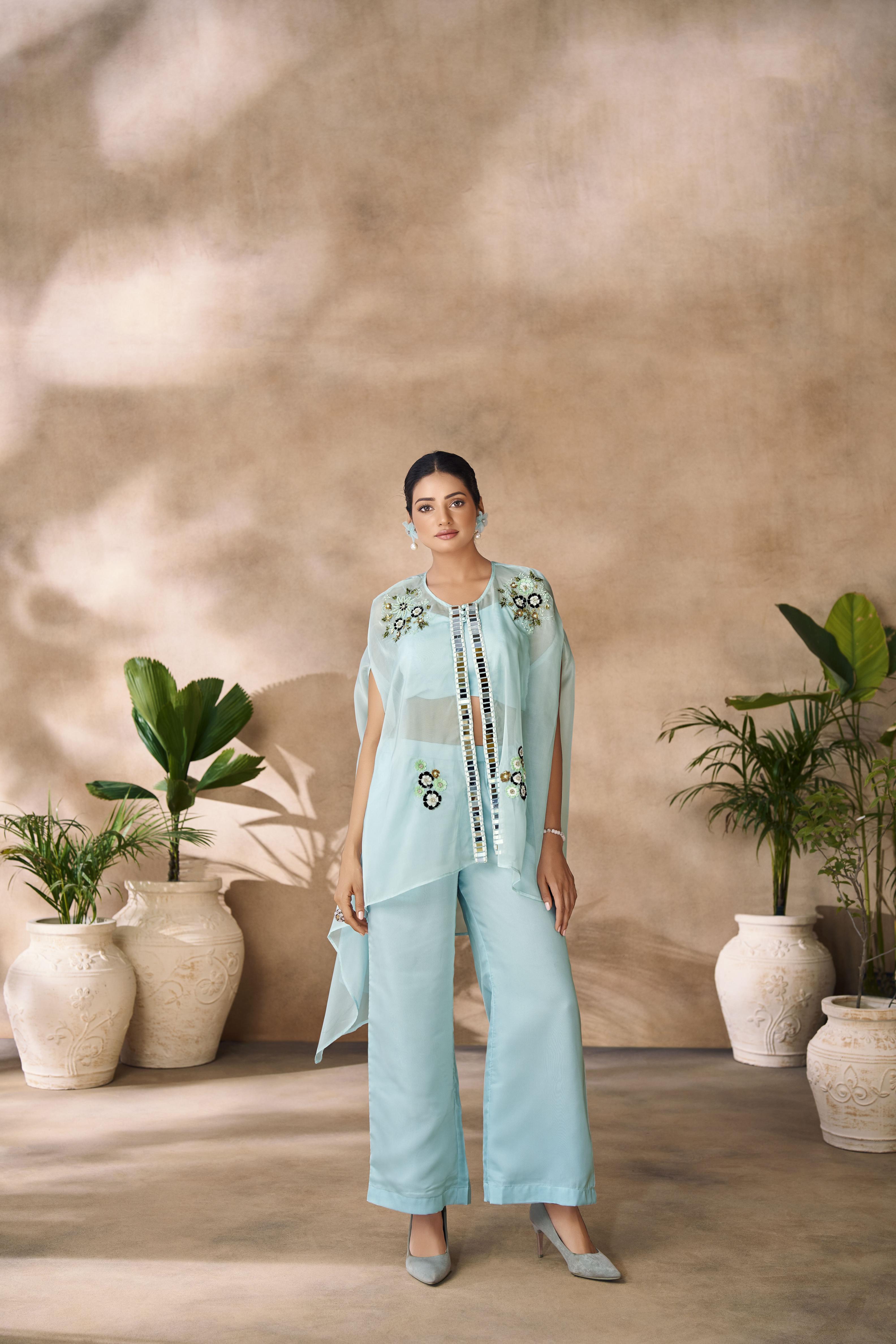 Aqua Blue Organza Designer Hand Work Kurti