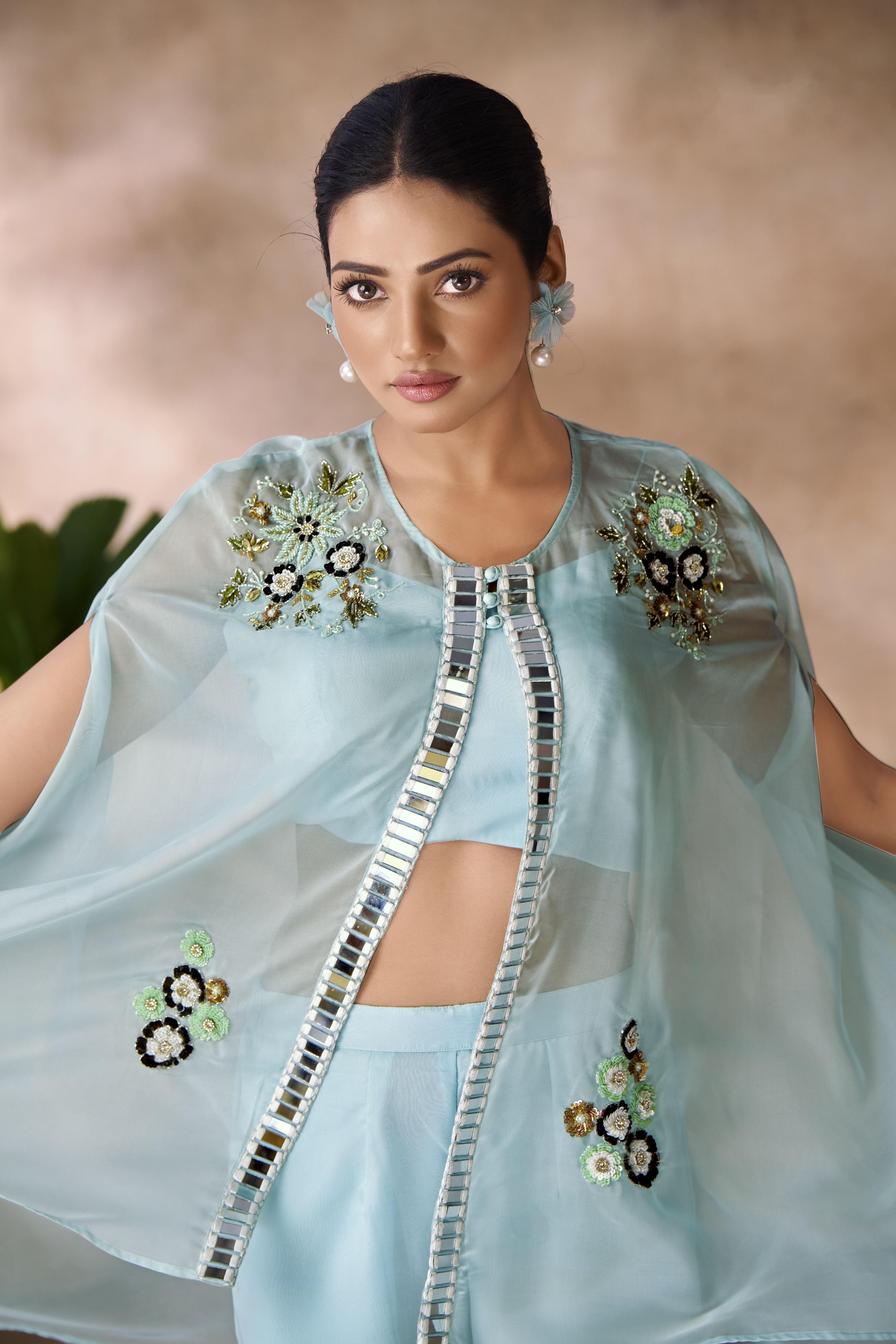 Aqua Blue Organza Designer Hand Work Kurti — alternate view