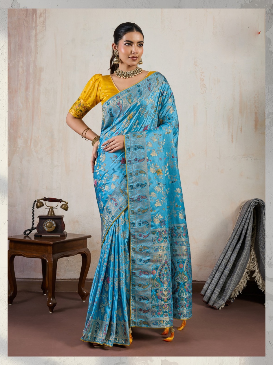 Aqua Blue Paisley Meena Satin Saree