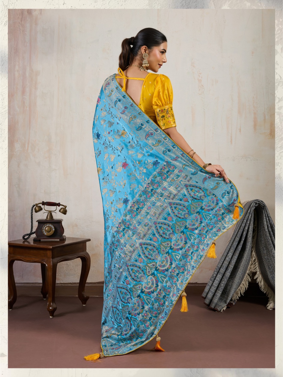 Aqua Blue Paisley Meena Satin Saree — alternate view