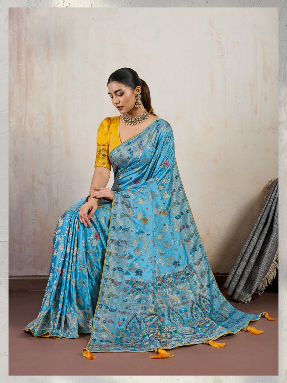 Aqua Blue Paisley Meena Satin Saree