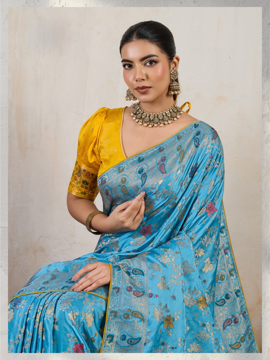 Aqua Blue Paisley Meena Satin Saree