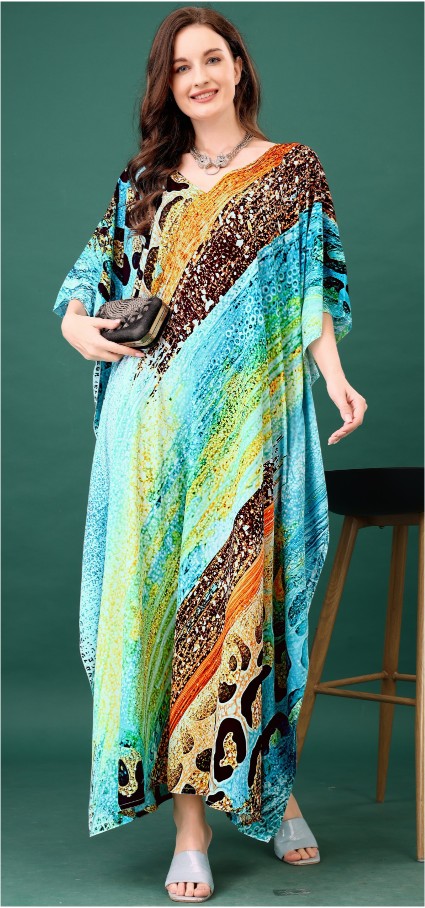 Aqua Earth Abstract Digital Printed Feather Silk Kaftan