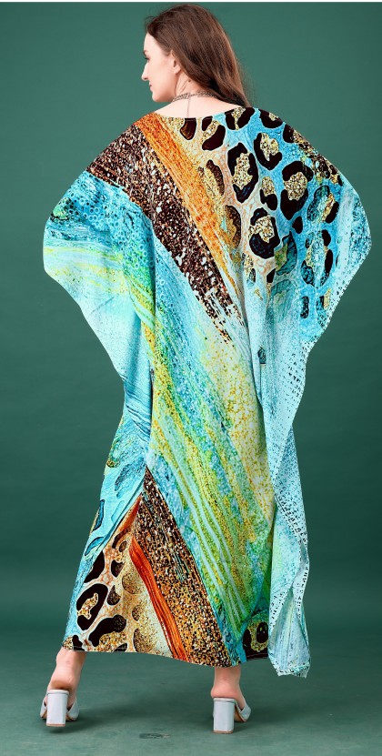 Aqua Earth Abstract Digital Printed Feather Silk Kaftan — alternate view
