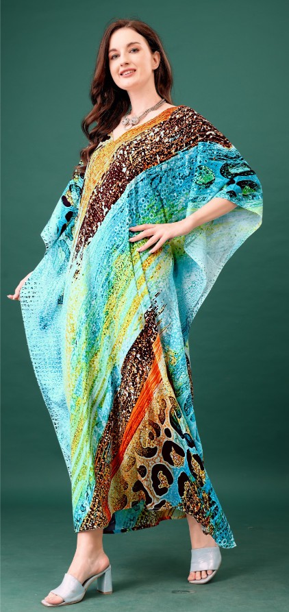 Aqua Earth Abstract Digital Printed Feather Silk Kaftan
