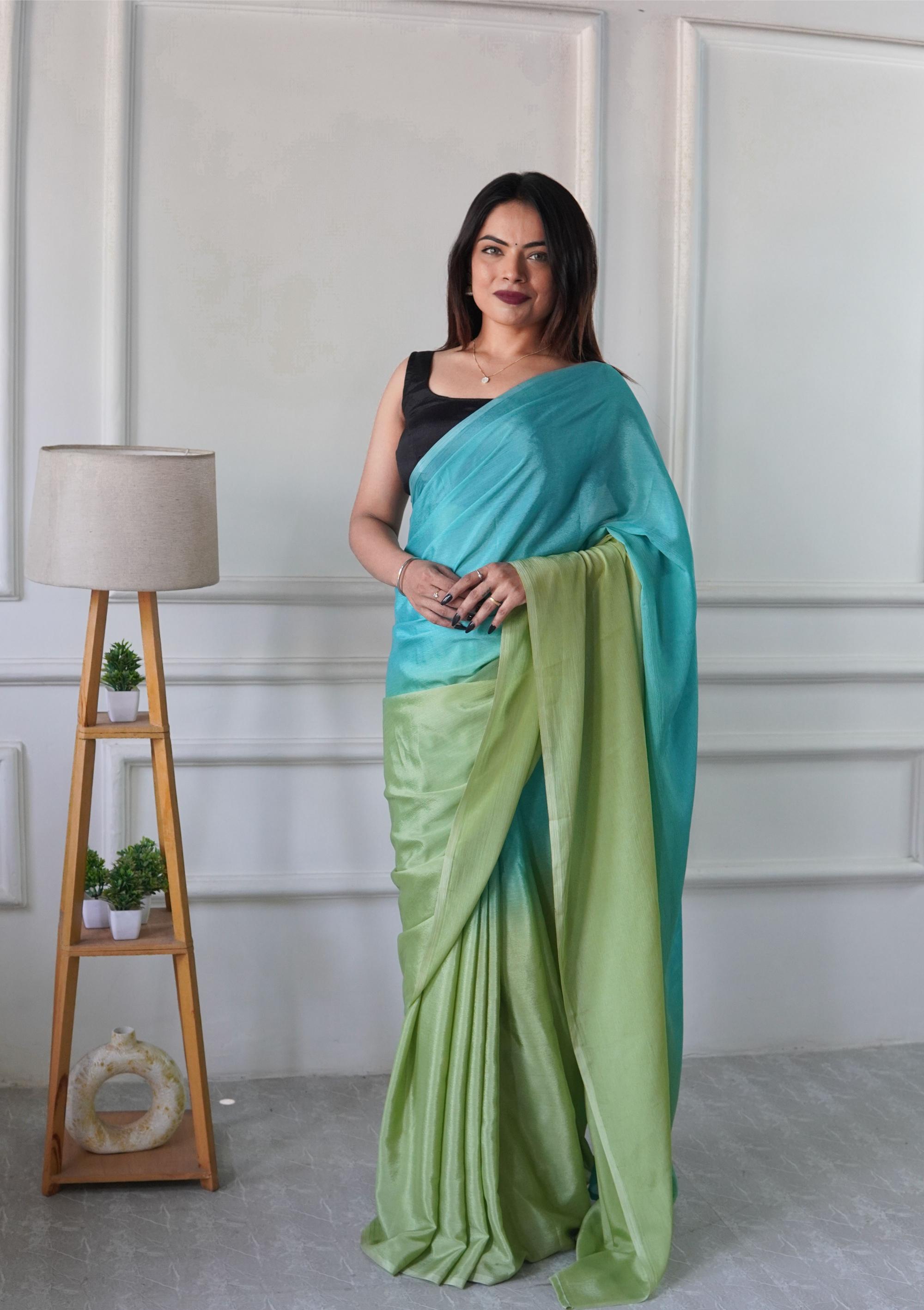 Aqua Green Black Chinnon Ready To Wear Saree