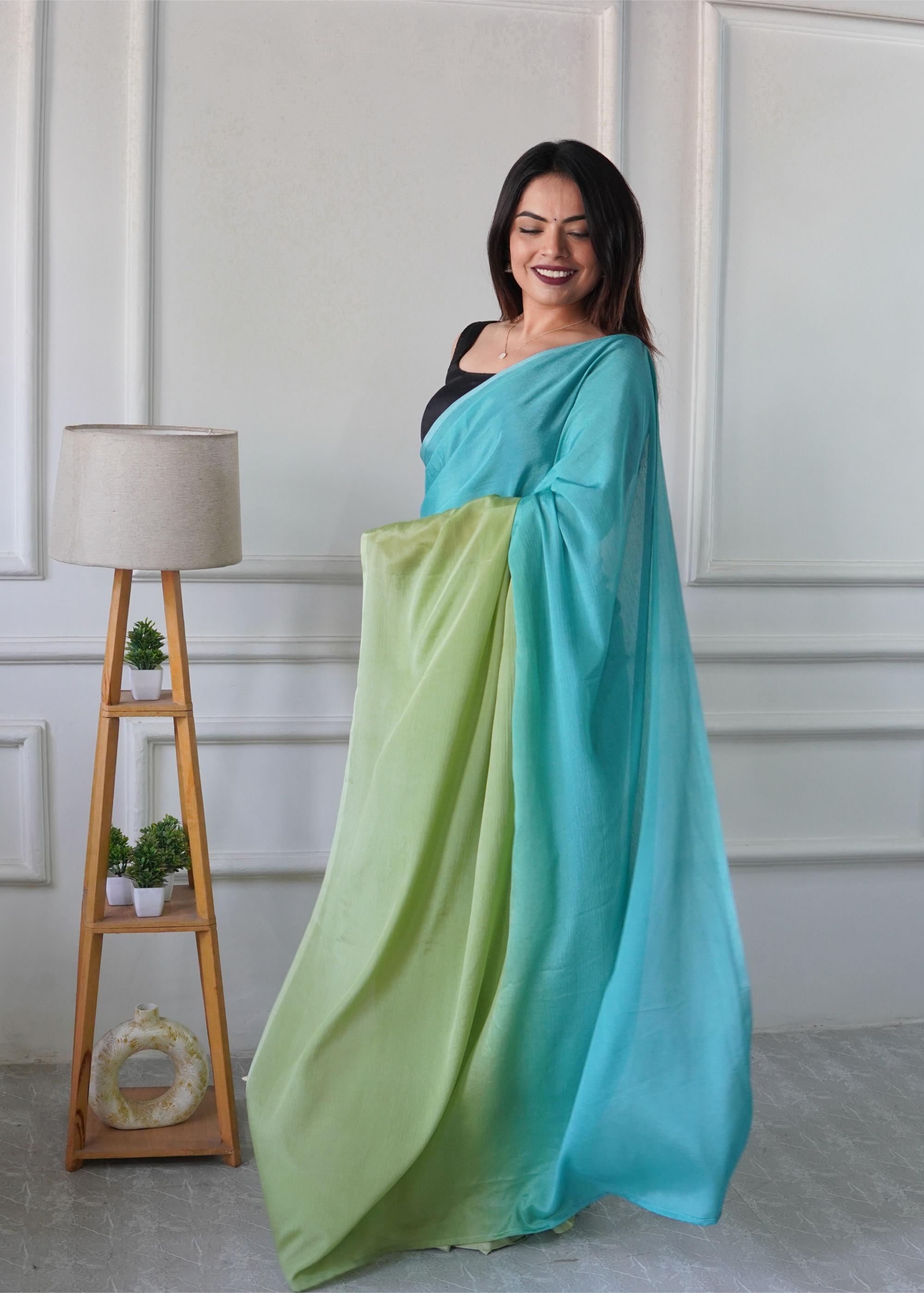 Aqua Green Black Chinnon Ready To Wear Saree — alternate view