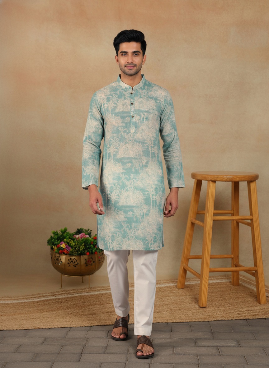 Aqua Green Scenic Printed Linen Kurta Pyjama
