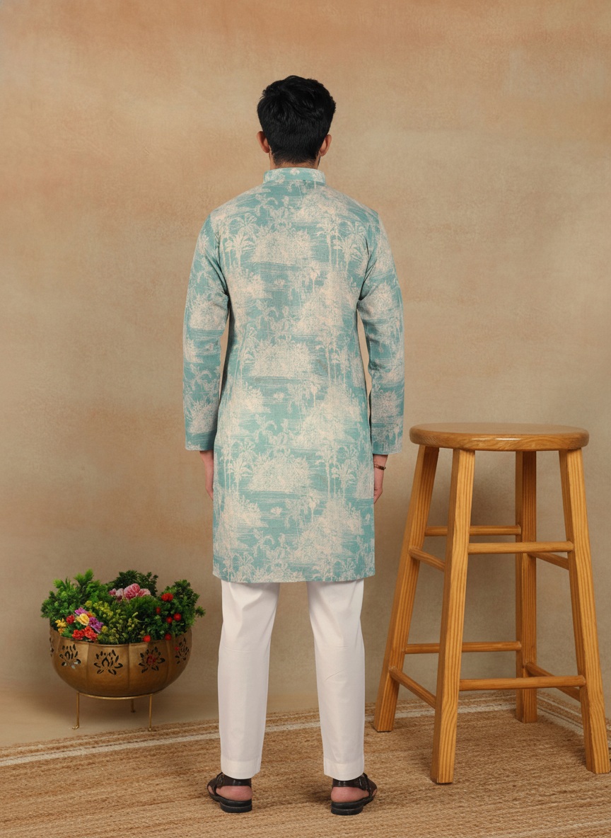 Aqua Green Scenic Printed Linen Kurta Pyjama — alternate view