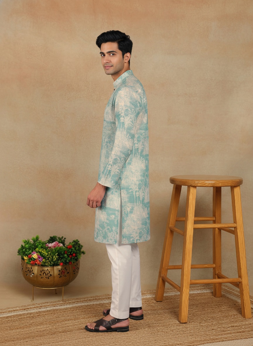 Aqua Green Scenic Printed Linen Kurta Pyjama