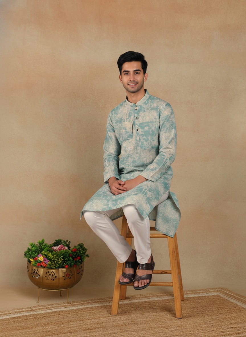 Aqua Green Scenic Printed Linen Kurta Pyjama