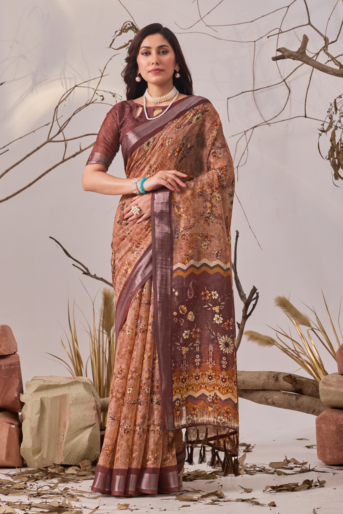 Autumn Blossom Linen Saree
