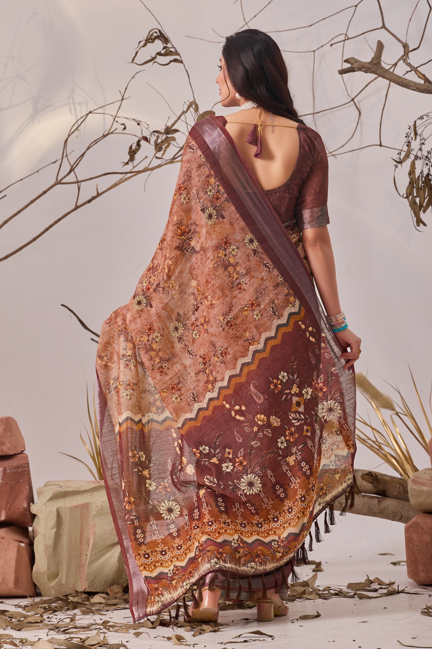 Autumn Blossom Linen Saree — alternate view