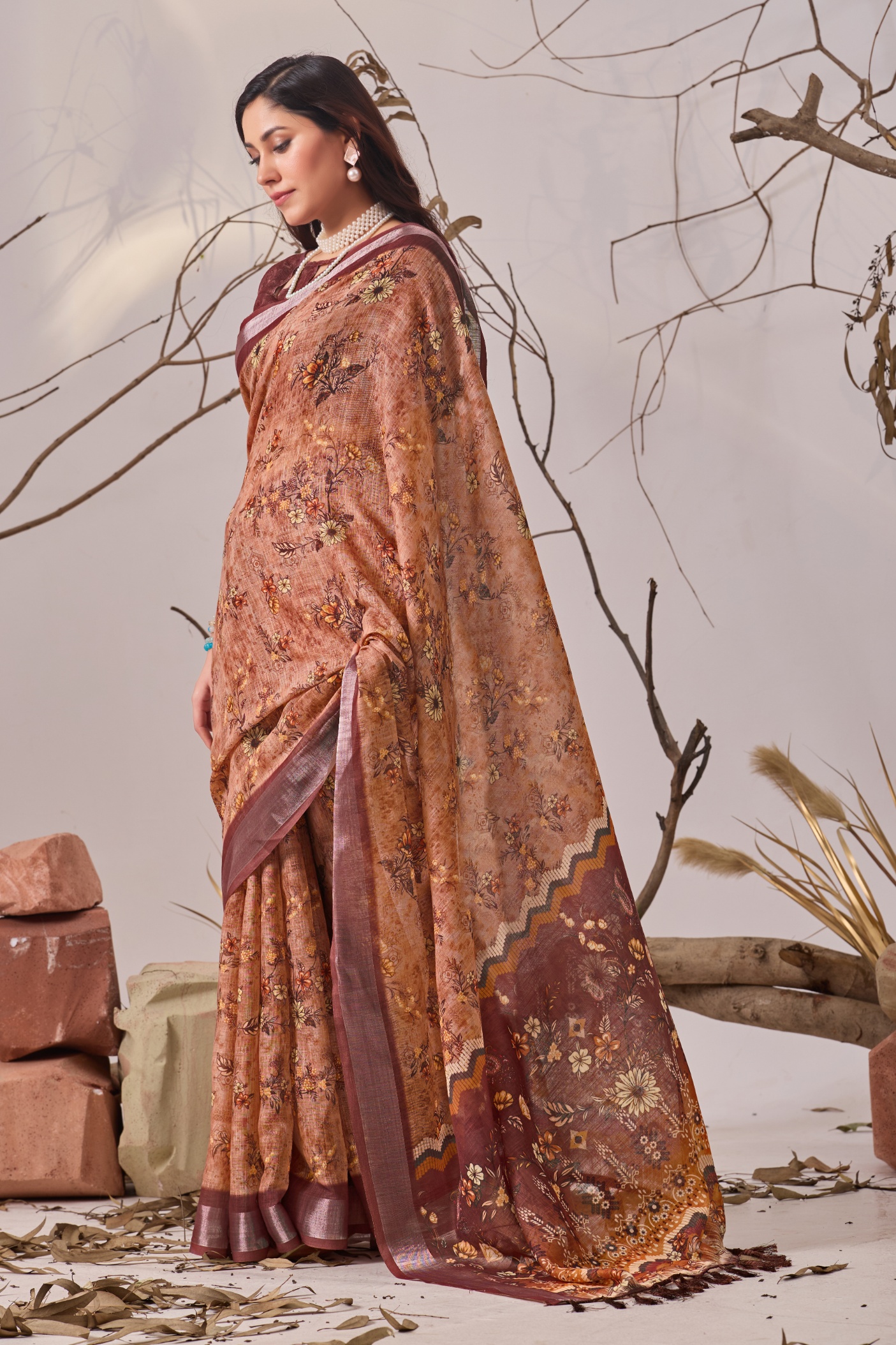 Autumn Blossom Linen Saree