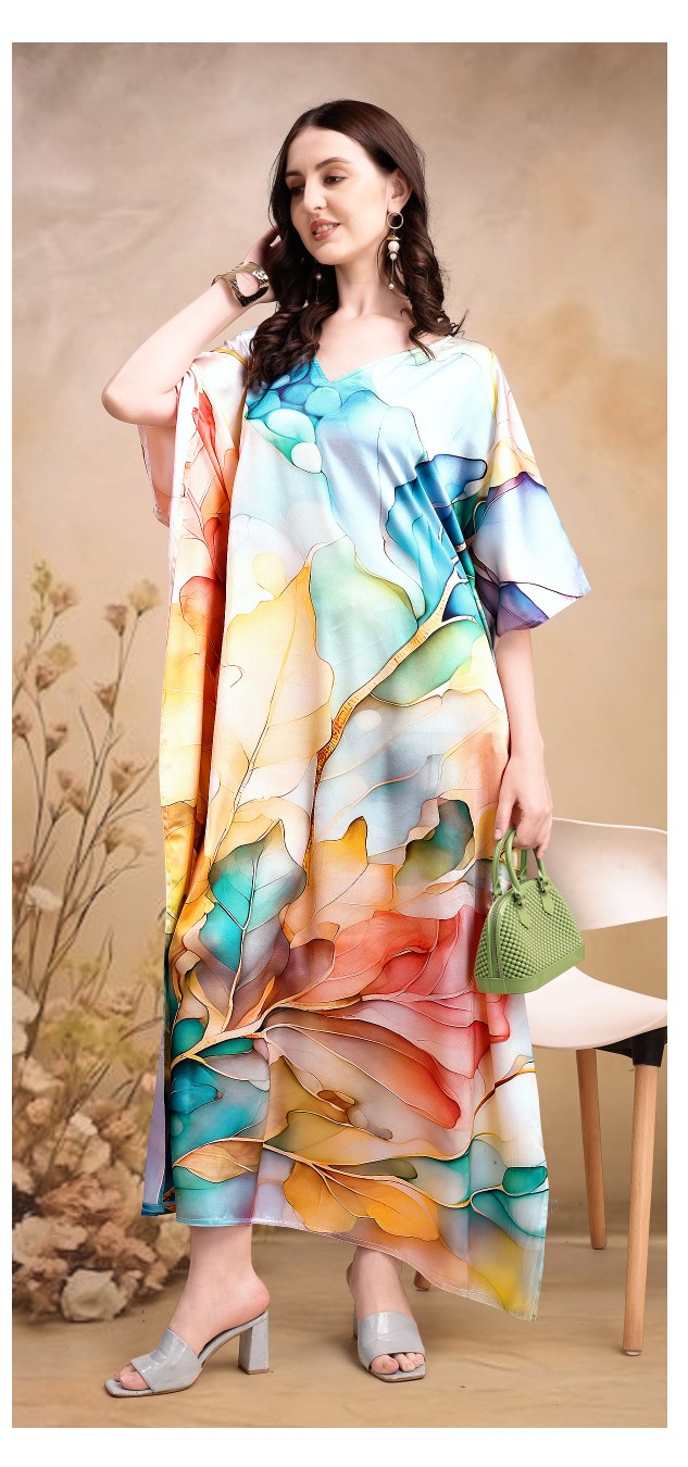Autumn Petal Multicolor Digital Printed Satin Kaftan
