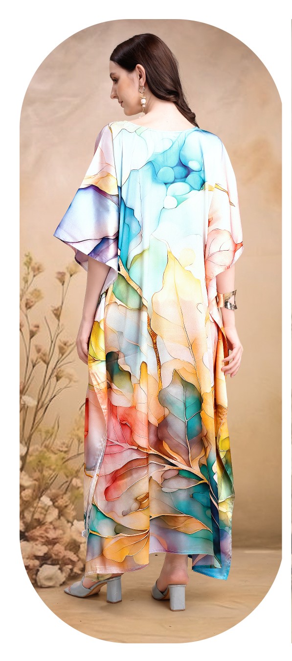 Autumn Petal Multicolor Digital Printed Satin Kaftan — alternate view