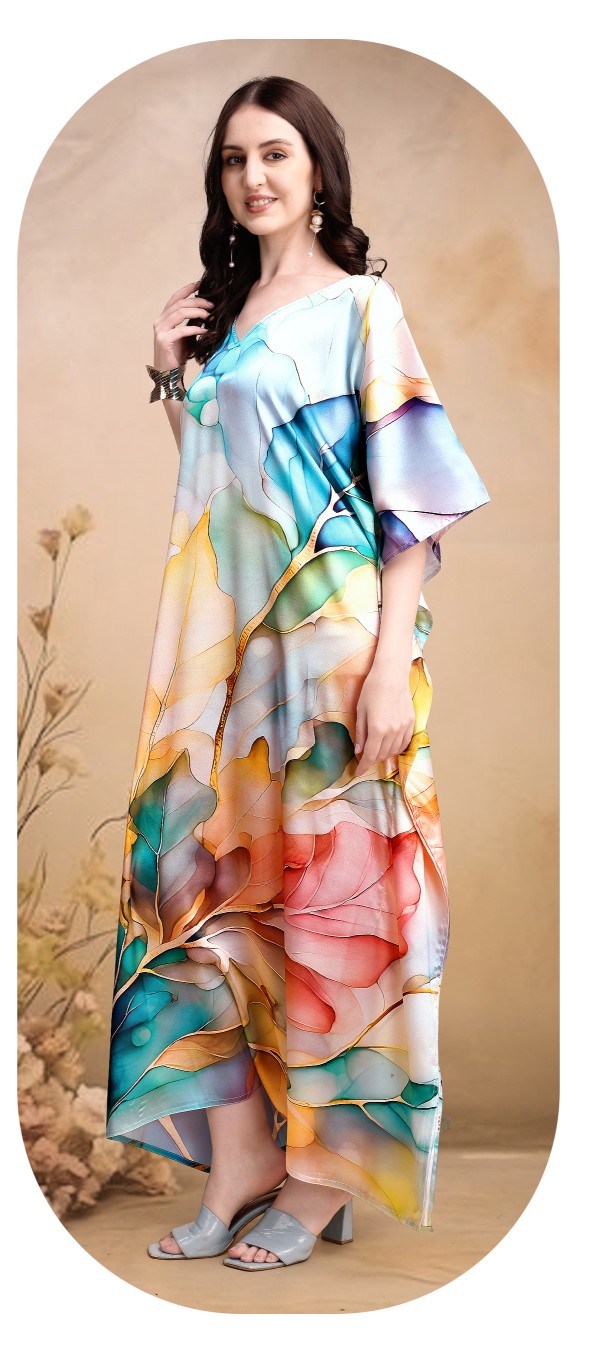Autumn Petal Multicolor Digital Printed Satin Kaftan