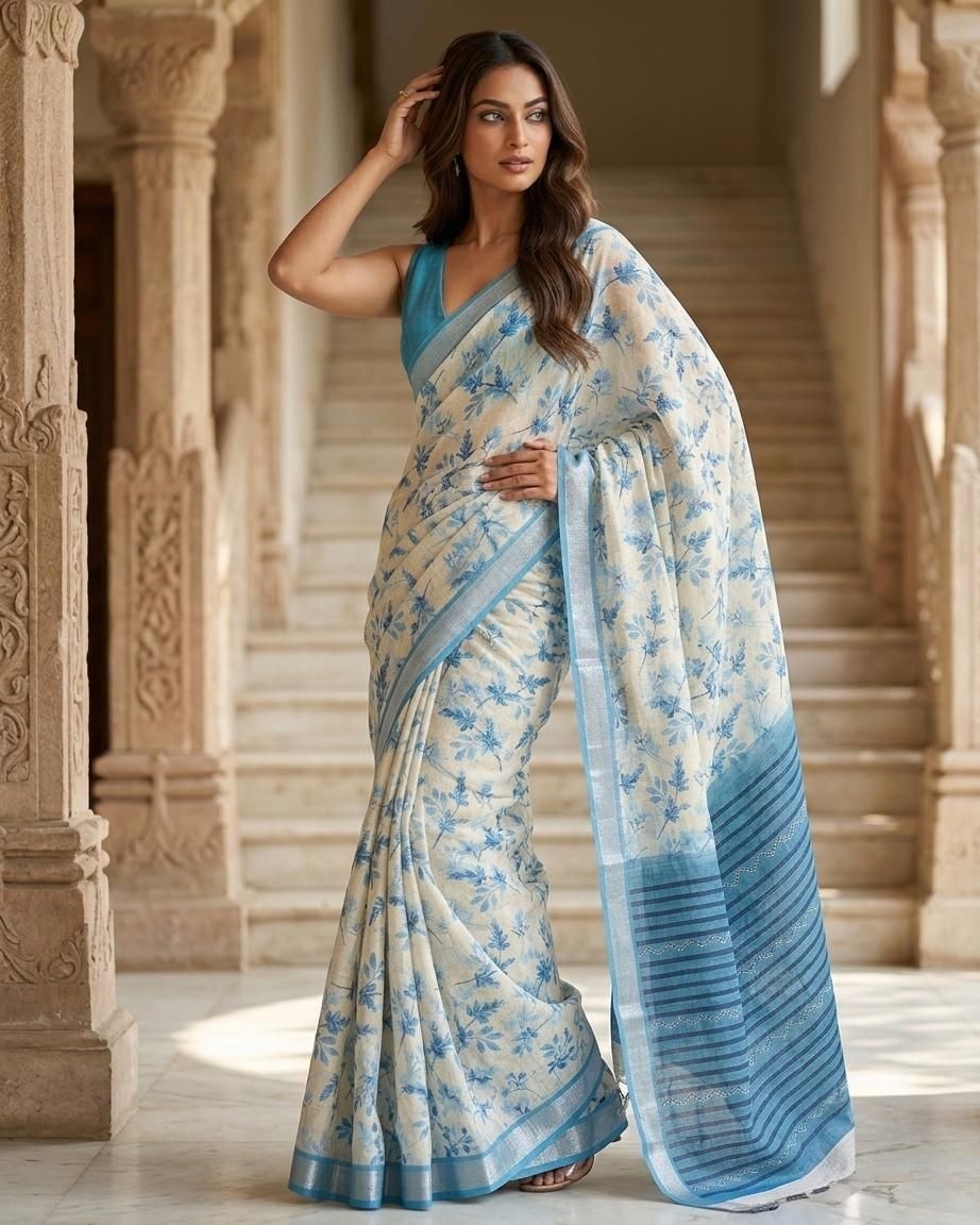 Azure Bloom Linen Silk Saree — alternate view