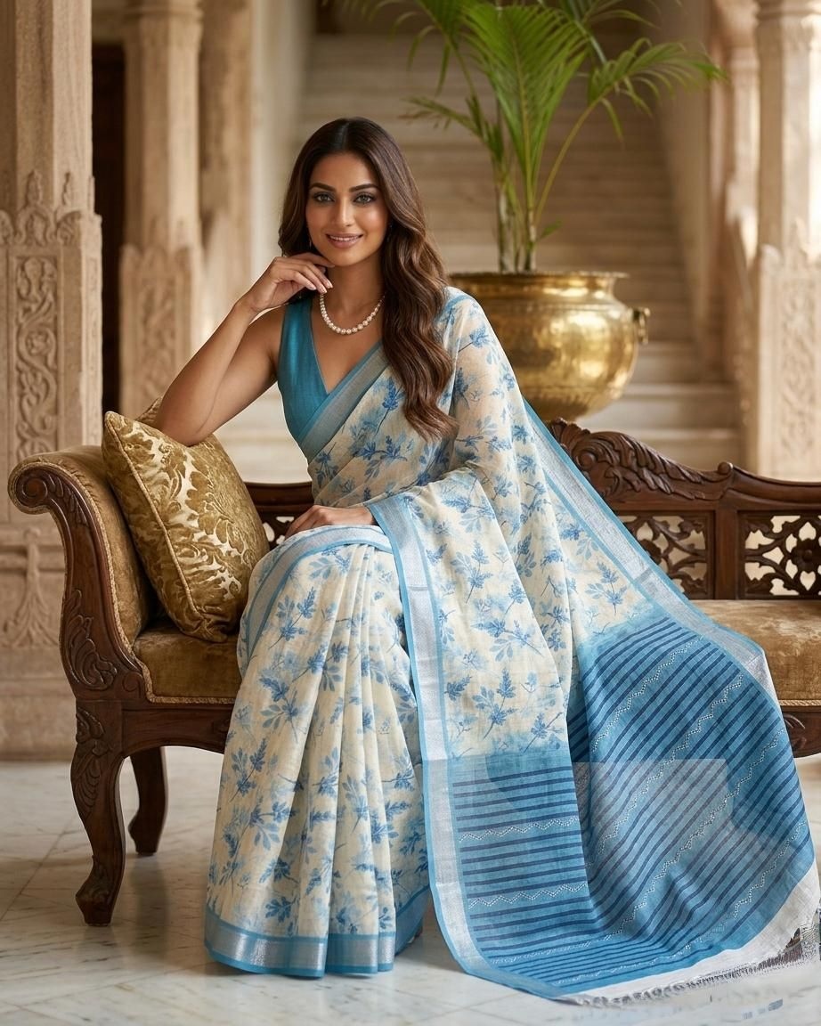 Azure Bloom Linen Silk Saree
