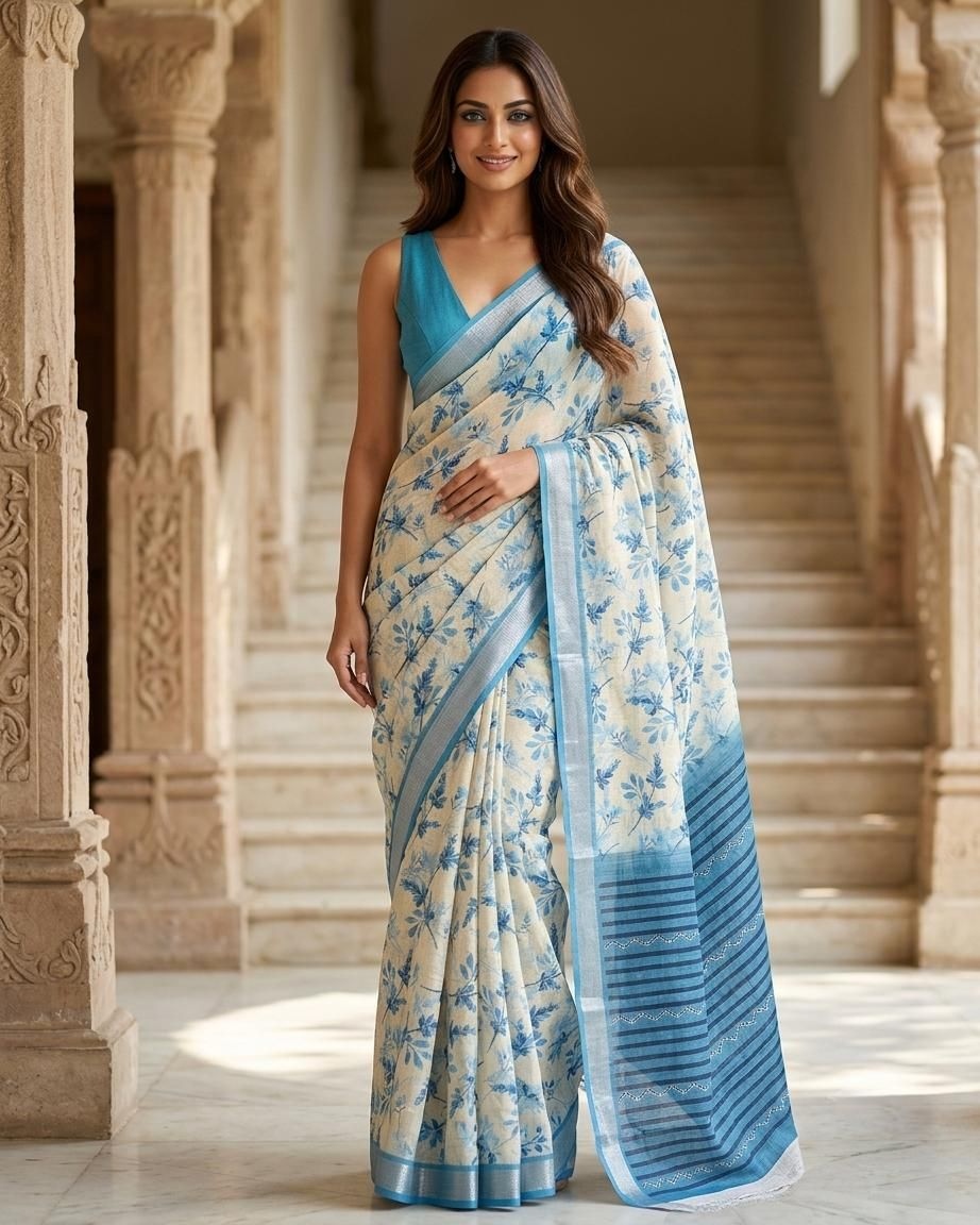Azure Bloom Linen Silk Saree