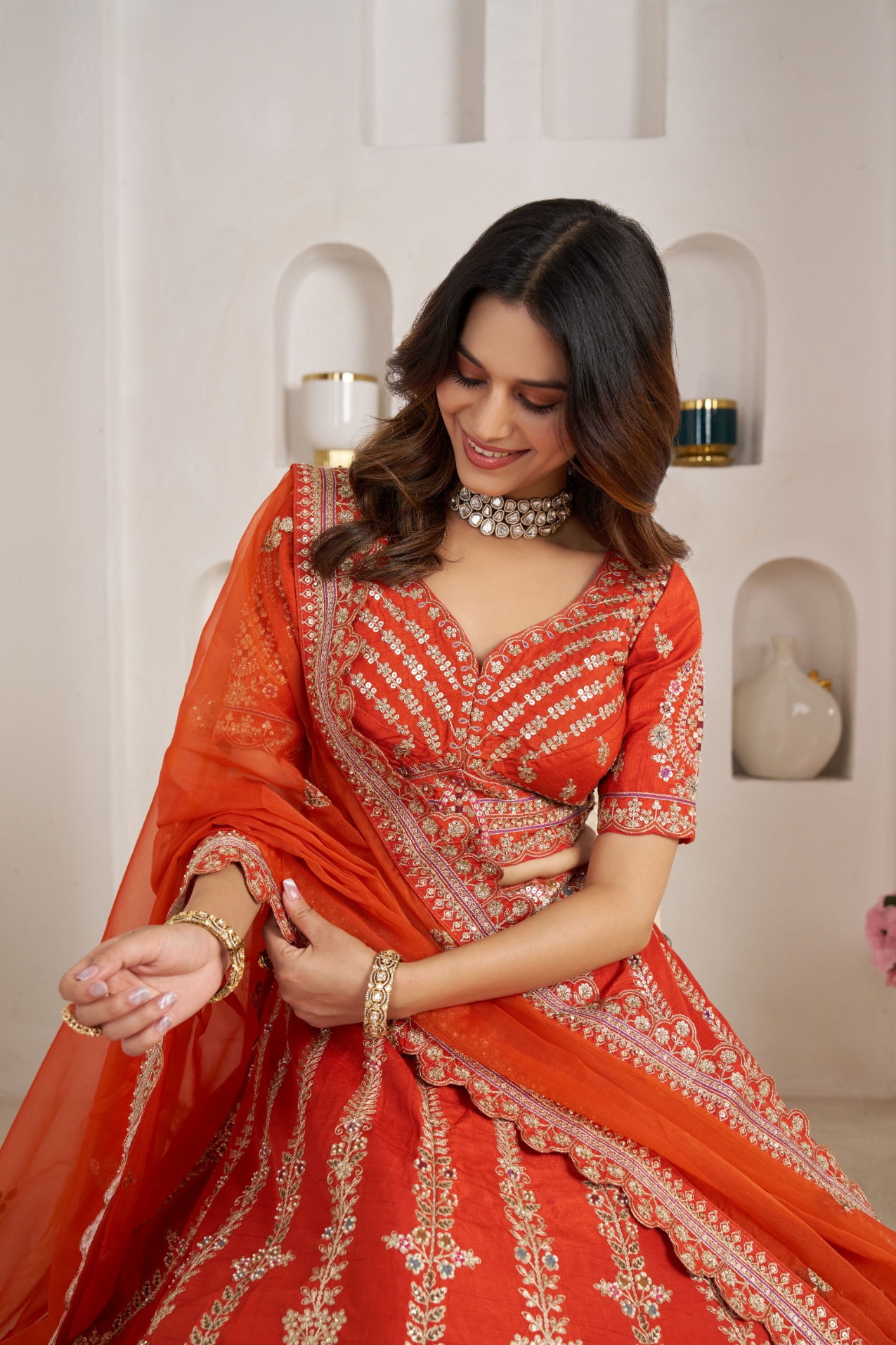 Baby Pink Architectural Motif Handwork Silk Bridal Lehenga Choli