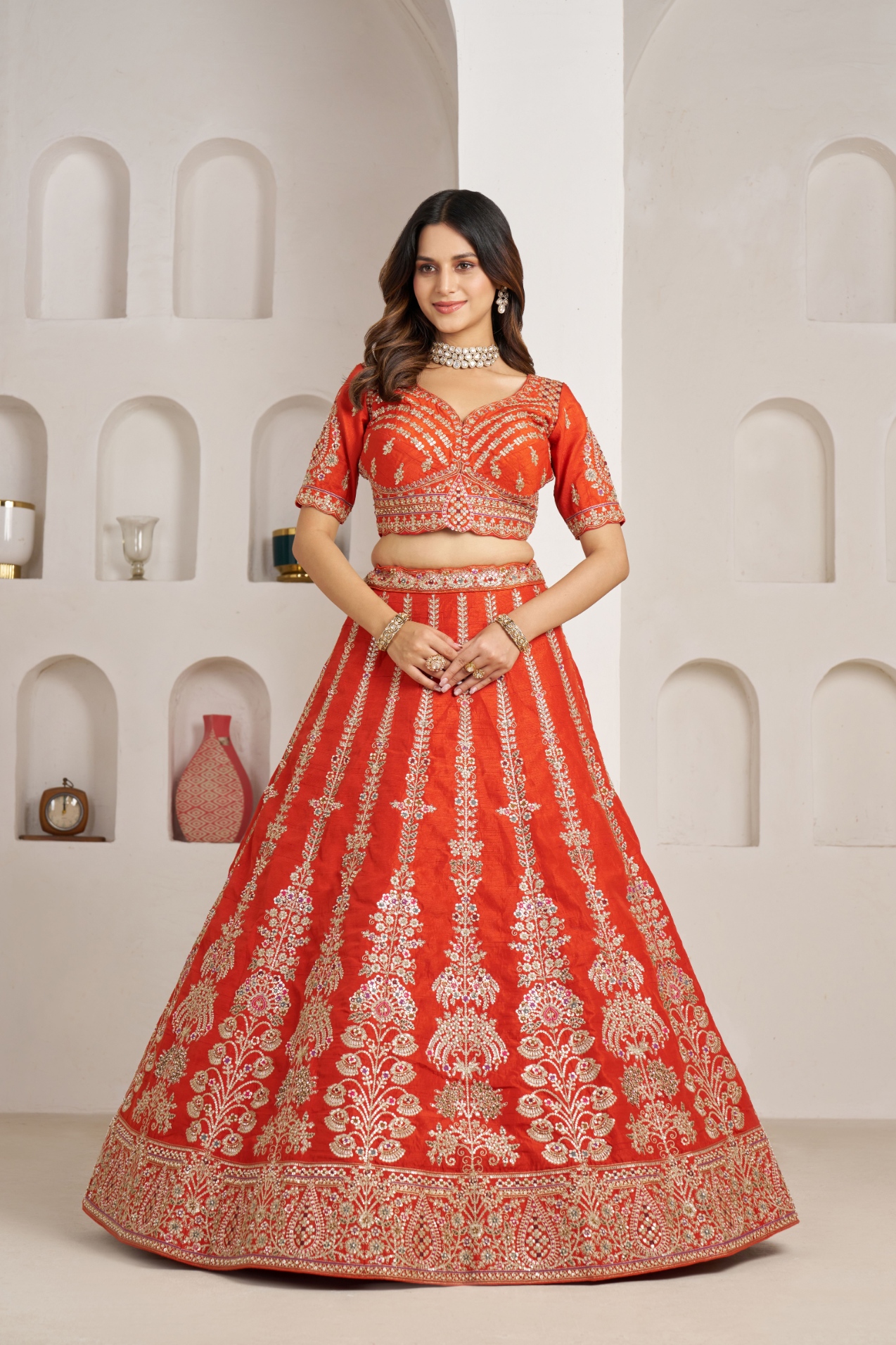 Baby Pink Architectural Motif Handwork Silk Bridal Lehenga Choli