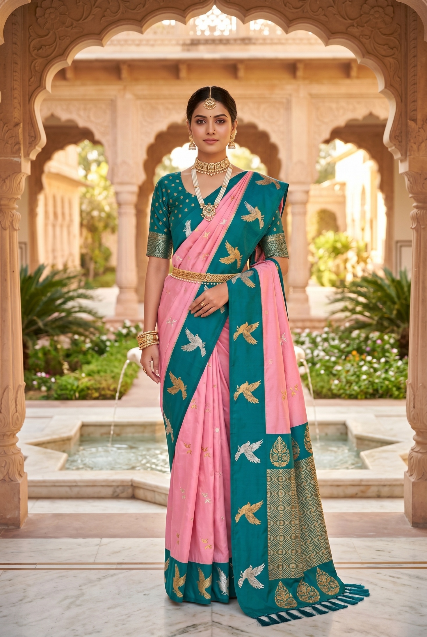 Baby Pink Bird Woven Soft Silk Saree